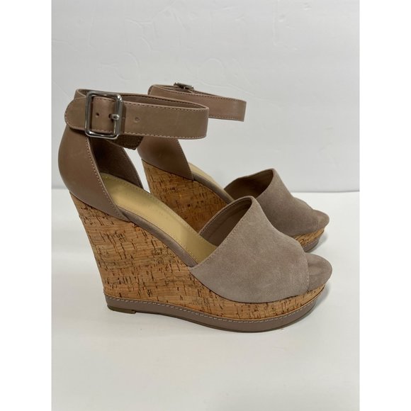 Marc Fisher Shoes Women 7 Sandals Brown Taupe Leather Suede Platform Wedge Heel - Picture 4 of 12